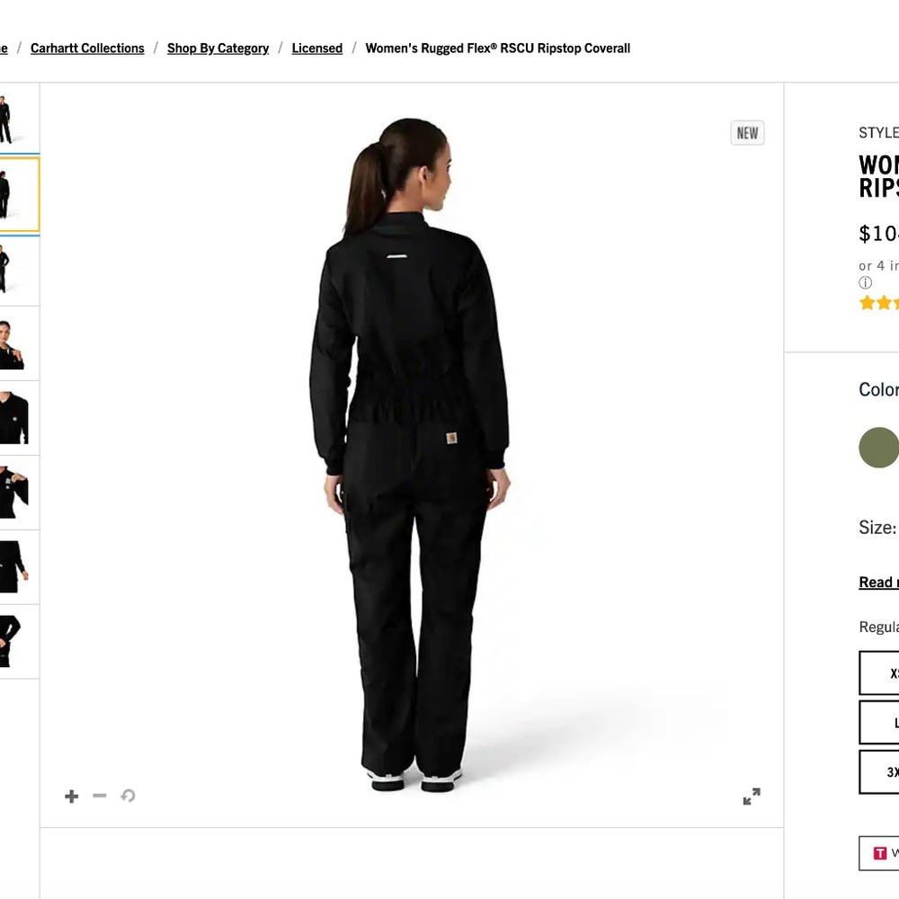 313 Carhartt Womens Rugged Flex Canvas Coverall S 4-6 Regular Black NWT - Picture 3 of 6